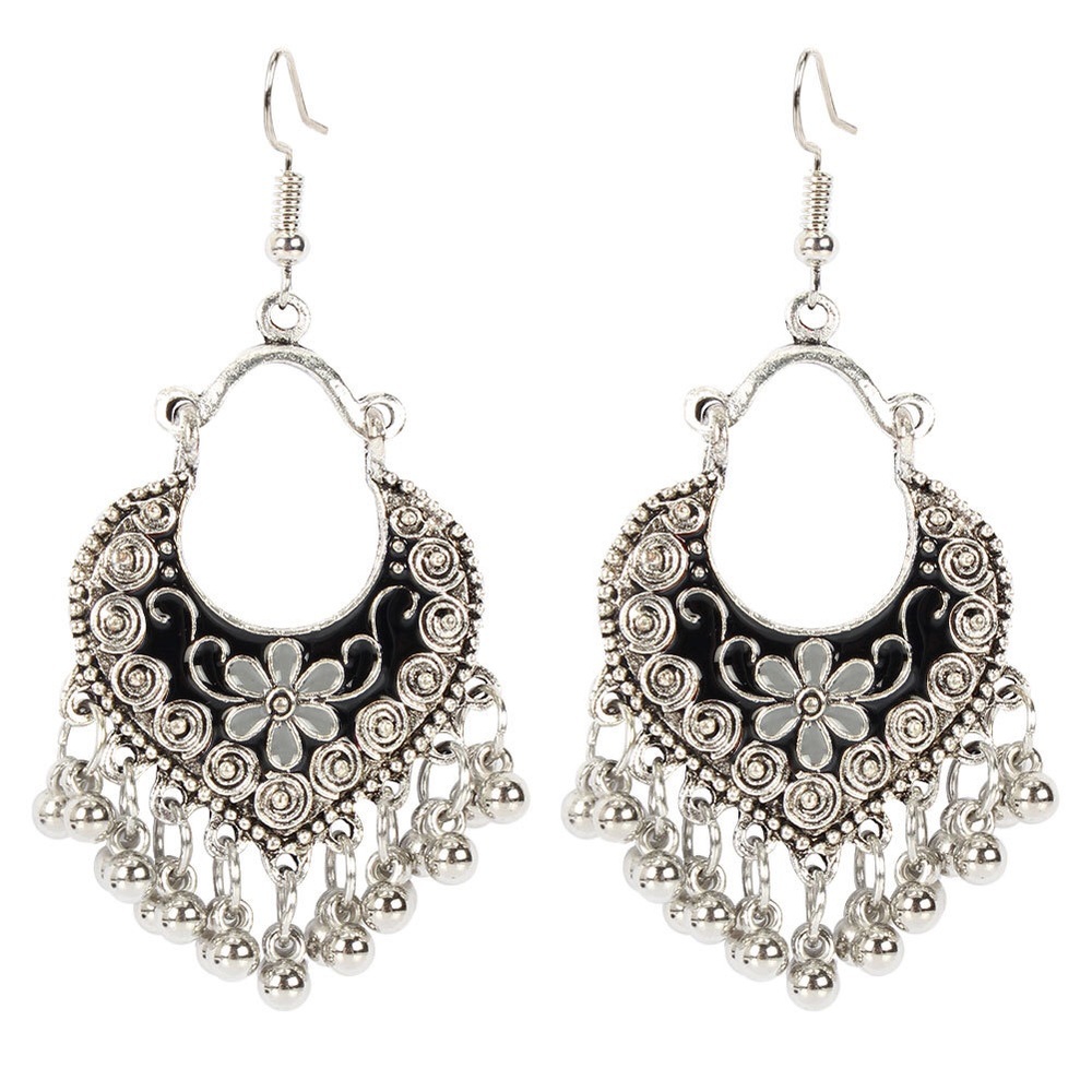 Bohemian Black flower, Carved Tassel Earrings